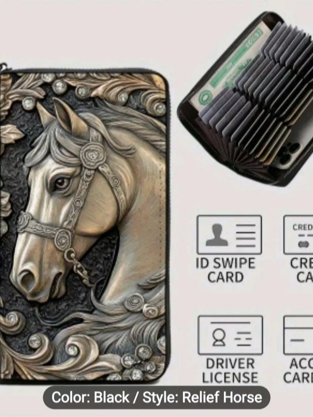 Horse Embossed Relief Full Zip Multi-Card Wallet/Phone Case W/Wristlet Strap